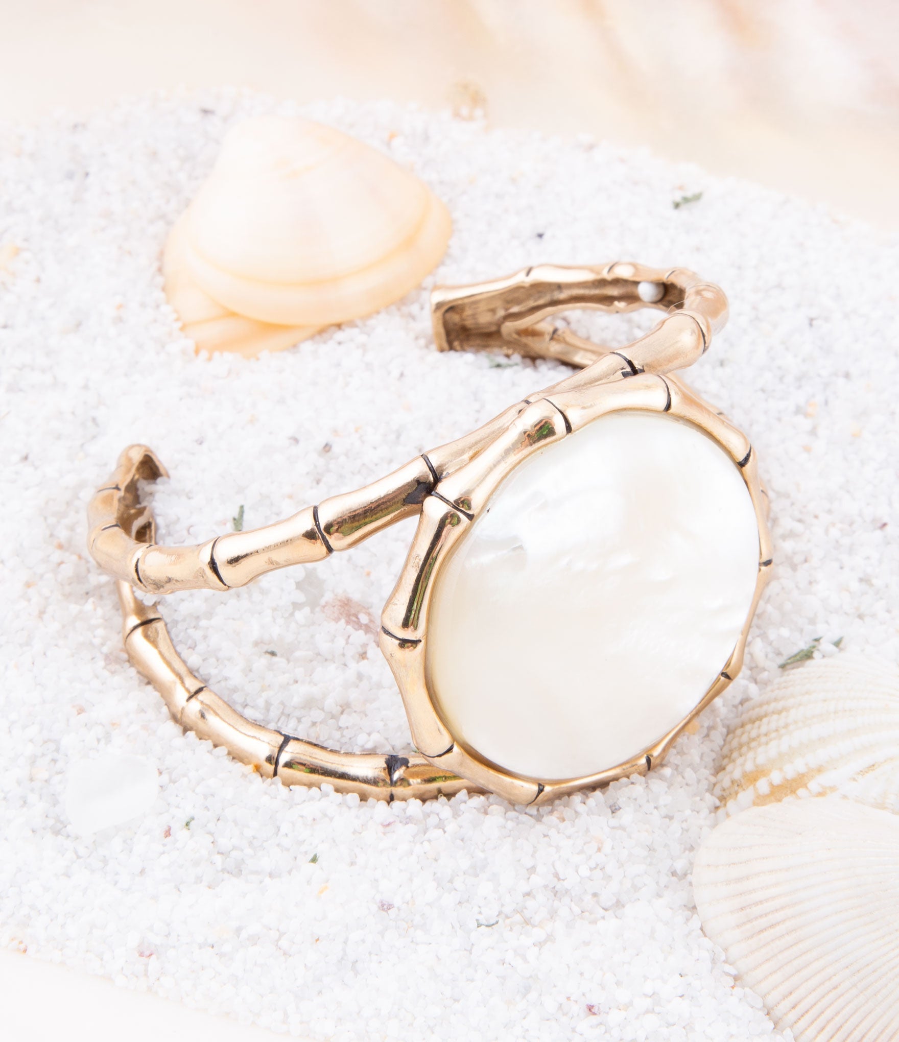 White Mother of Pearl Golden Bamboo Cuff Bracelet detail view by Barse Jewelry
