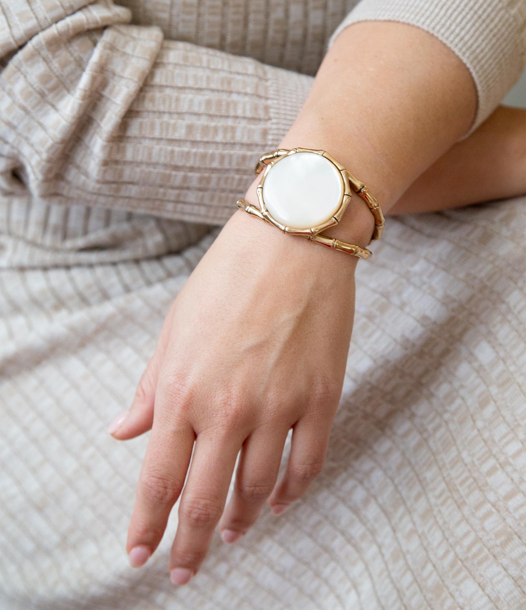 White Mother of Pearl Golden Bamboo Cuff Bracelet detail view by Barse Jewelry