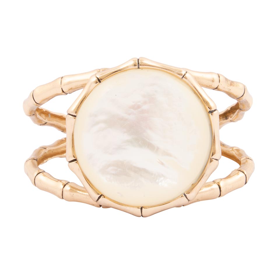 White Mother of Pearl Golden Bamboo Cuff Bracelet detail view by Barse Jewelry