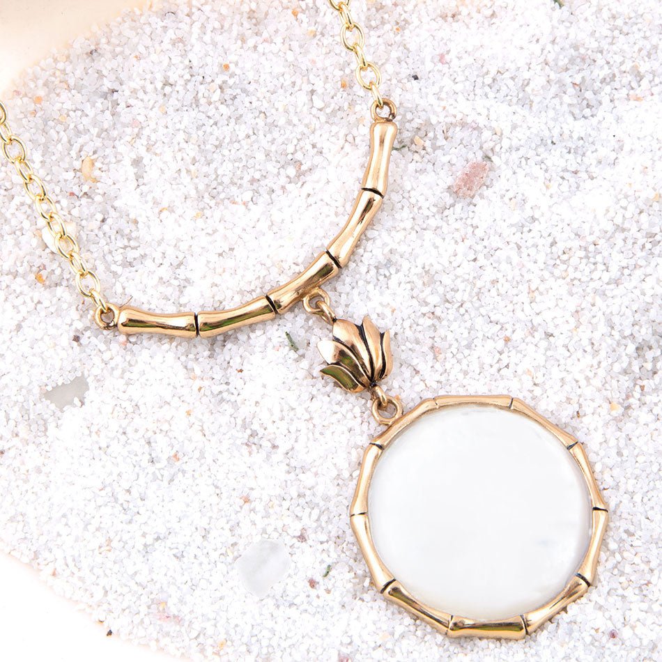 White Mother of Pearl Golden Statement Pendant Necklace detail view by Barse Jewelry