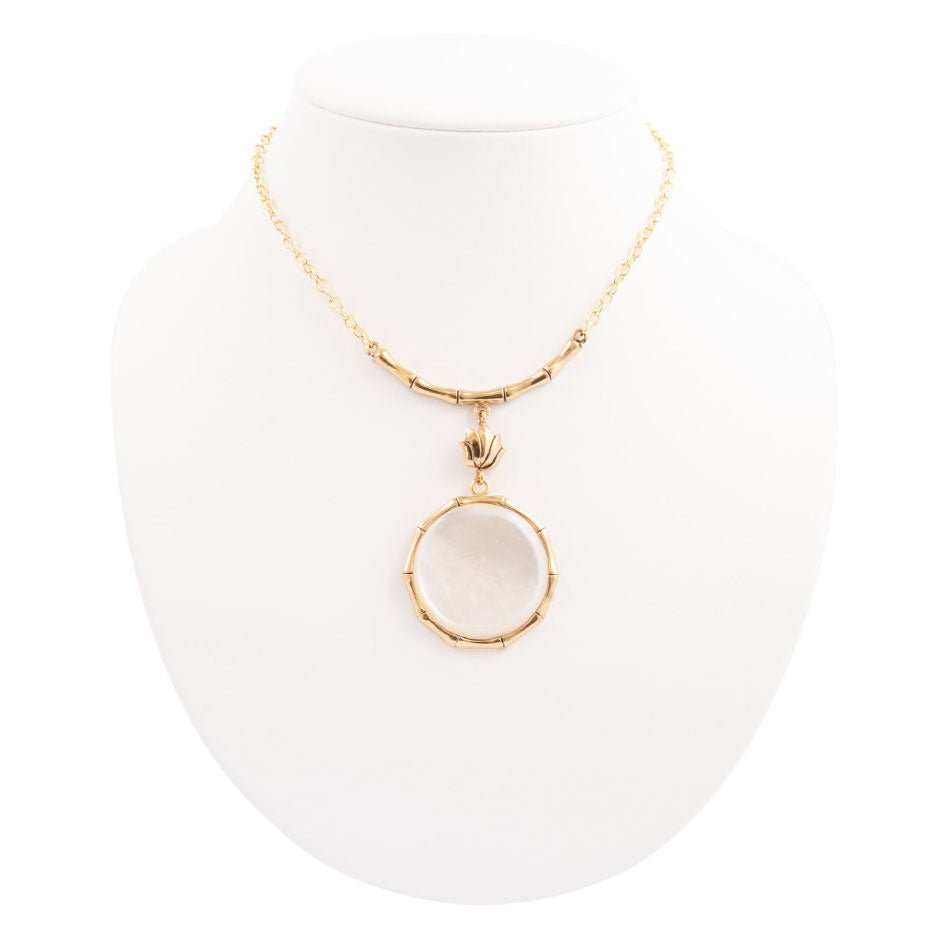 White Mother of Pearl Golden Statement Pendant Necklace detail view by Barse Jewelry