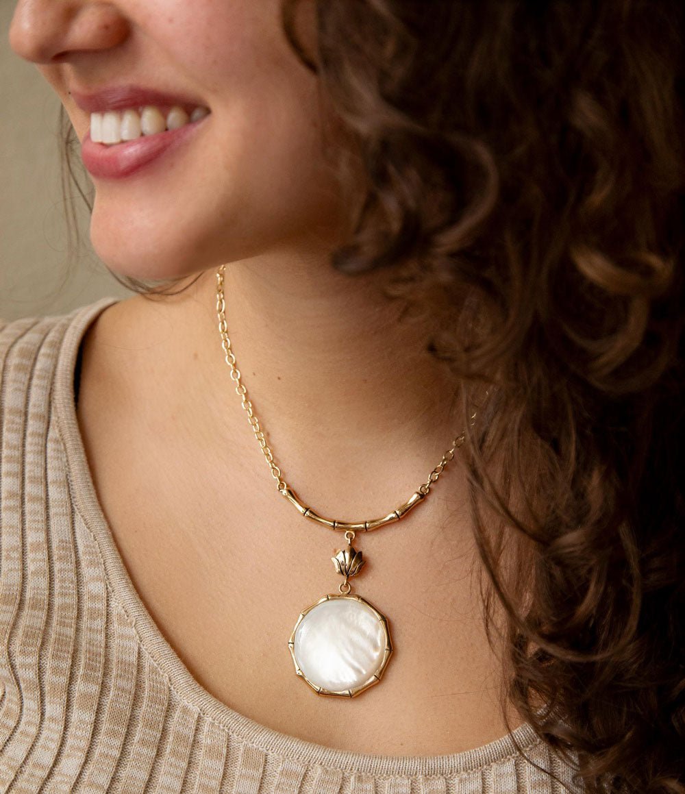 White Mother of Pearl Golden Statement Pendant Necklace detail view by Barse Jewelry