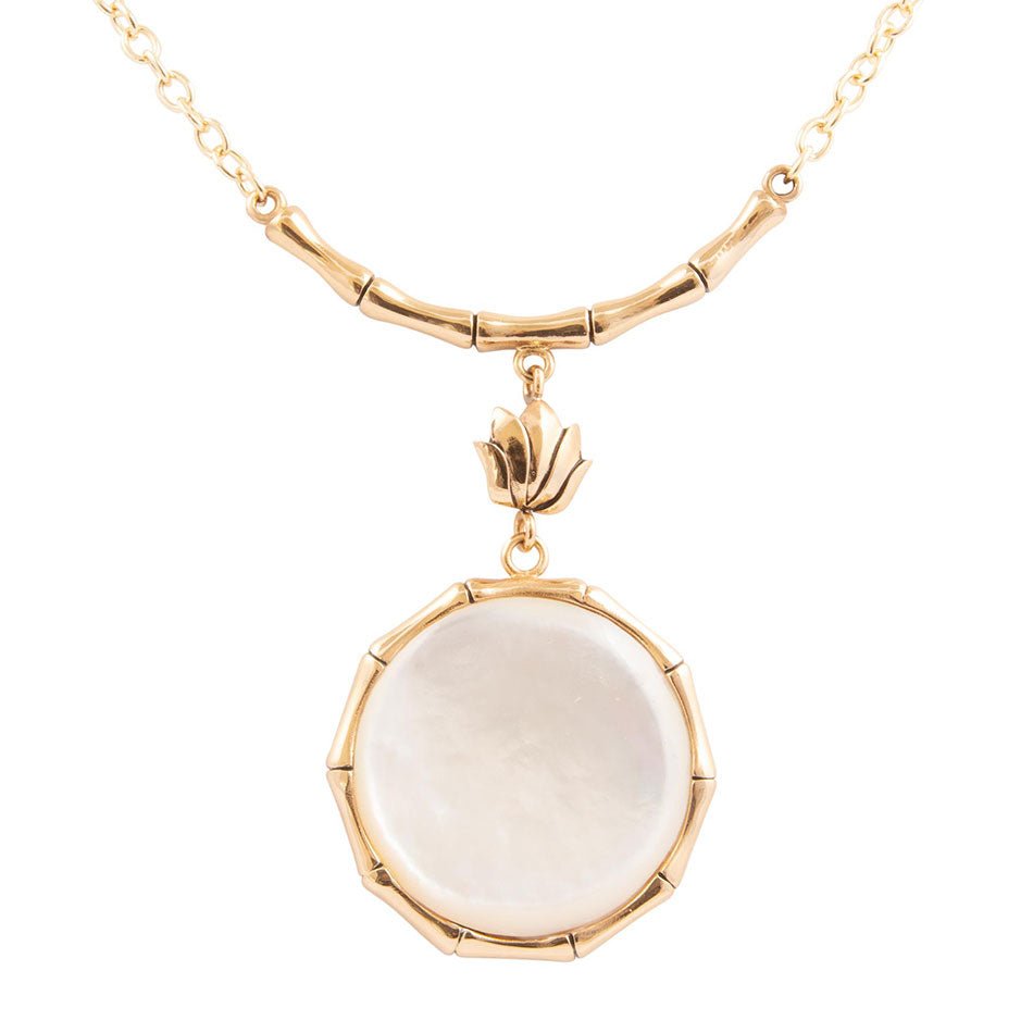 White Mother of Pearl Golden Statement Pendant Necklace by Barse Jewelry