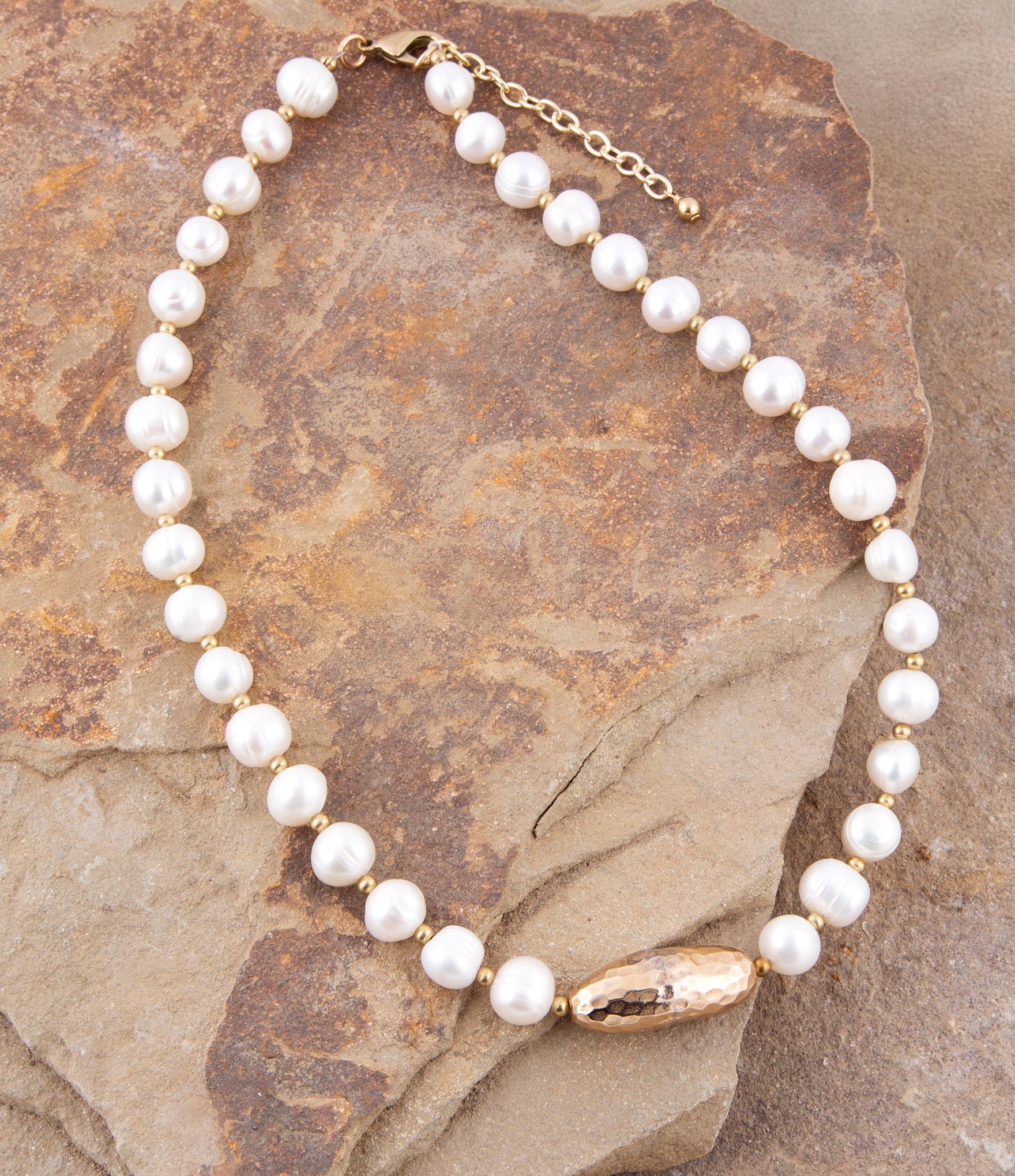 White Pearl Golden Beaded Strand Necklace detail view by Barse Jewelry