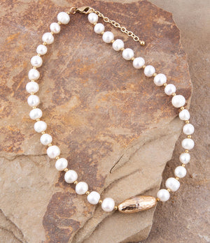 White Pearl Golden Beaded Strand Necklace detail view by Barse Jewelry
