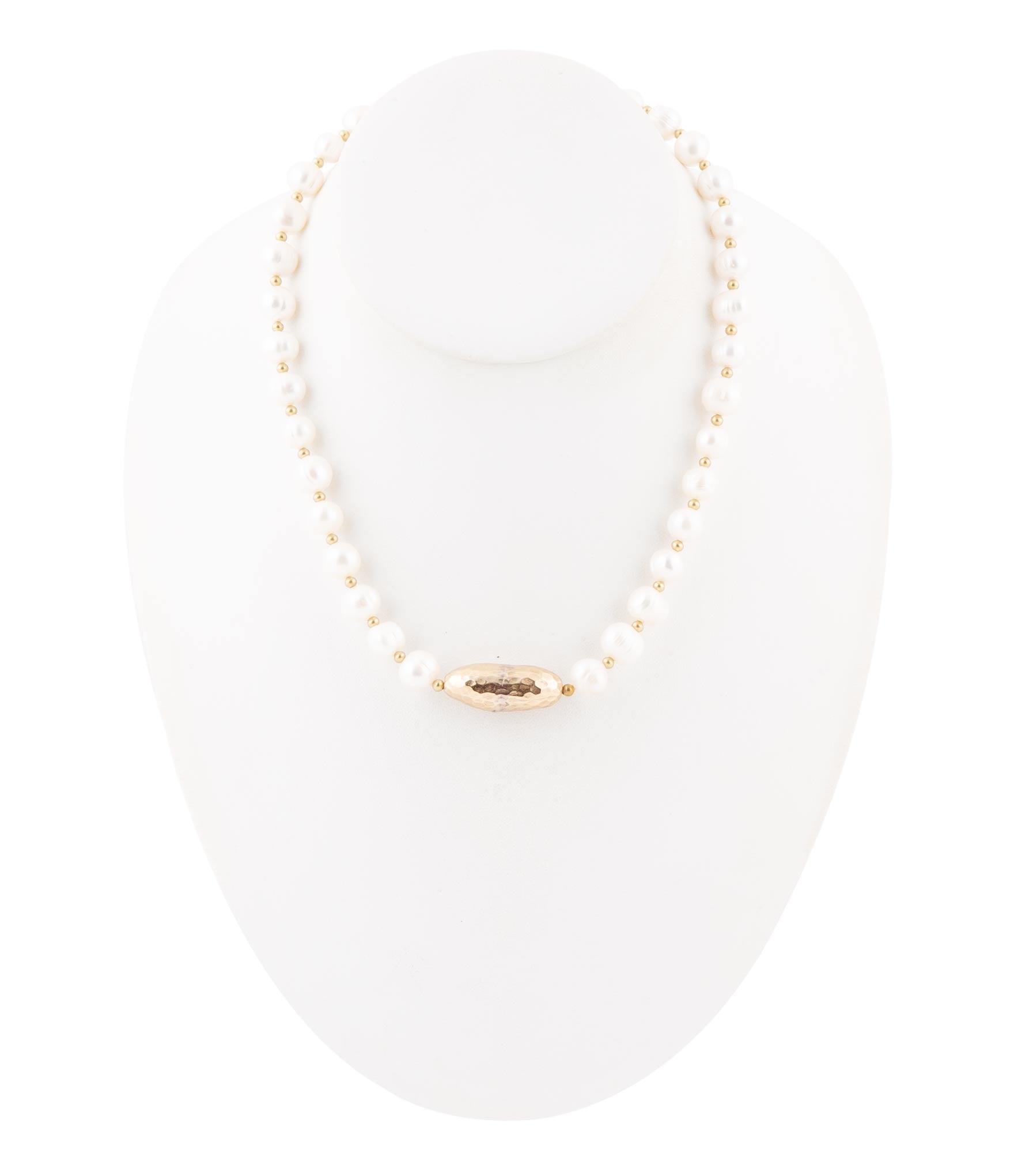 White Pearl Golden Beaded Strand Necklace detail view by Barse Jewelry
