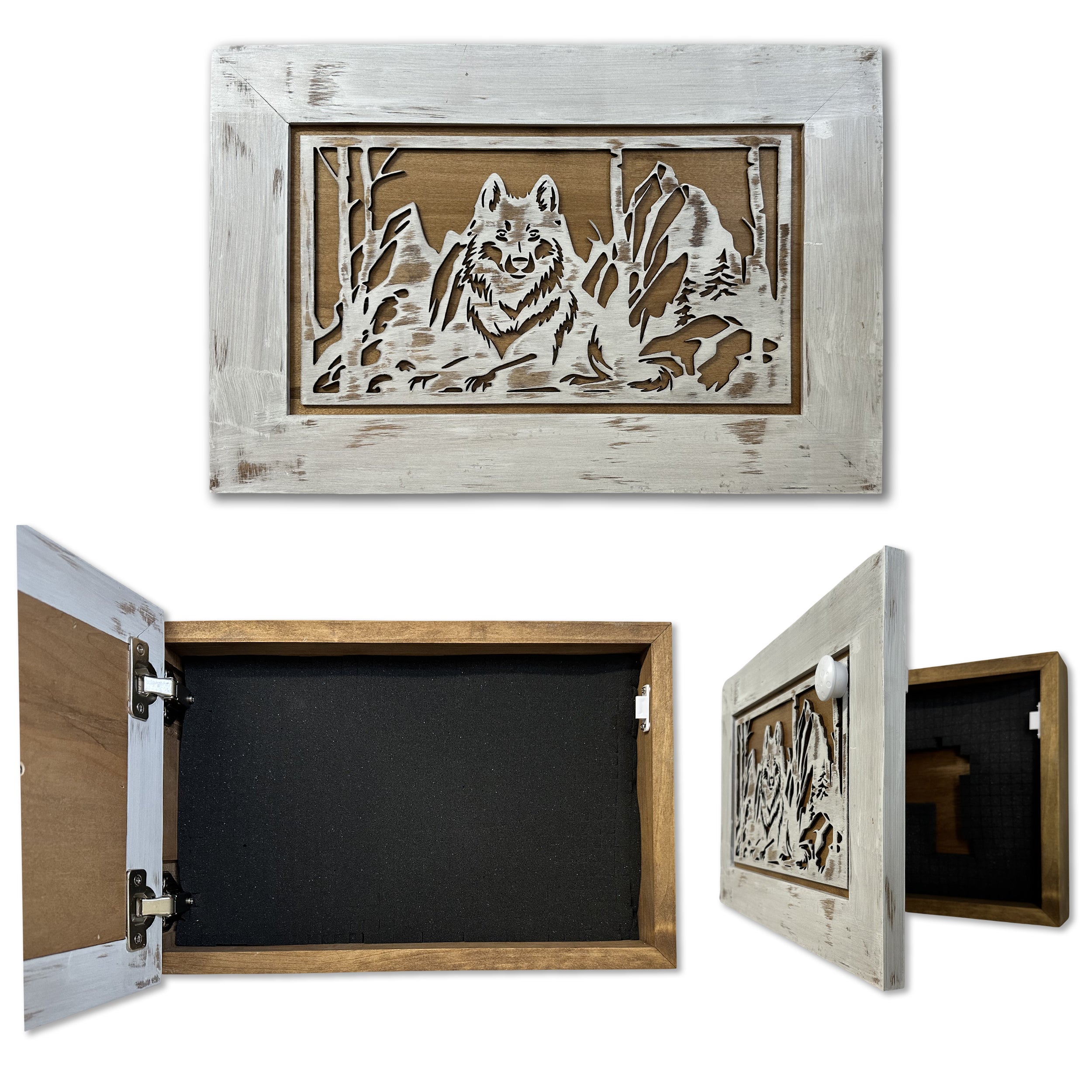 White Wolf Gun Concealment Furniture - Handcrafted Hidden Gun Storage Wall Decor - Hidden Gun Shelf with Magnetic Lock for Quick Access by Bellewood Designs, Southern home decor