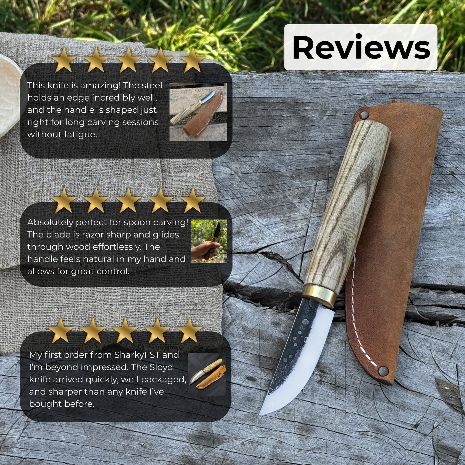 Whittling Sloyd Knife with Leather Sheath, 7.5 cm (2.95 inches) Blade detail view by Sharky Forged Steel Tools