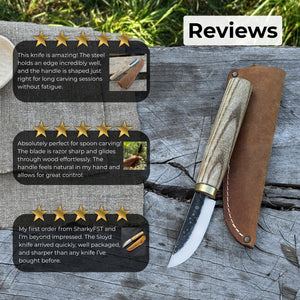 Whittling Sloyd Knife with Leather Sheath, 7.5 cm (2.95 inches) Blade detail view by Sharky Forged Steel Tools