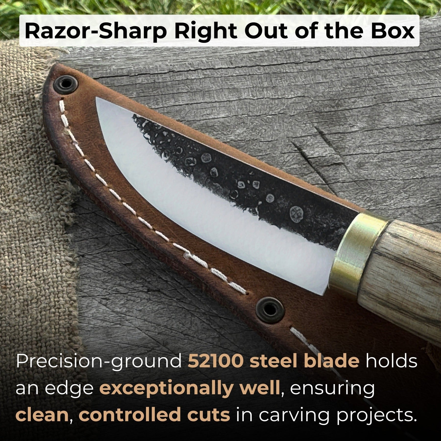 Whittling Sloyd Knife with Leather Sheath, 7.5 cm (2.95 inches) Blade detail view by Sharky Forged Steel Tools