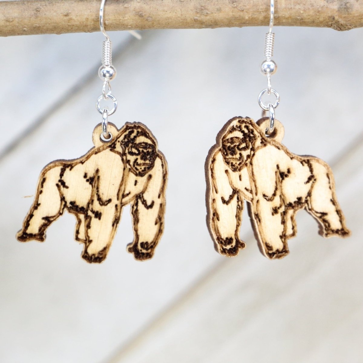 Gorilla Wooden Earrings | Wildlife Primate Animal Jewelry by Cate's Concepts, LLC, handmade jewelry main product photo