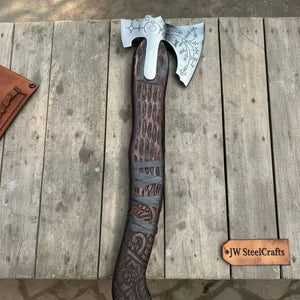 Handmade Viking Double-Bit Carbon Steel Axe with Norse Rune Etching and Engraved Hardwood Handle by JW SteelCrafts, Southern lifestyle apparel detail photo 11