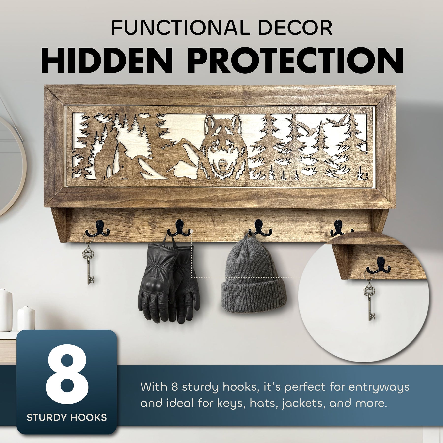 Wolf in the Wild Hidden Gun Storage - Coat Rack Concealment Shelf with Hooks for Coats, Bags, & Hats - Quick Access Hidden Gun Shelf - Secure Magnetic by Bellewood Designs