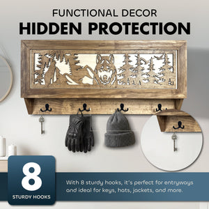 Wolf in the Wild Hidden Gun Storage - Coat Rack Concealment Shelf with Hooks for Coats, Bags, & Hats - Quick Access Hidden Gun Shelf - Secure Magnetic by Bellewood Designs