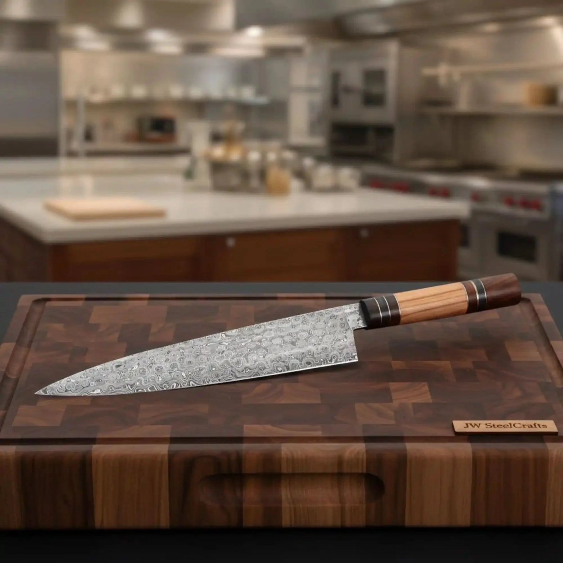 13" Raindrop Damascus Kiritsuke Chef Knife — 8" Blade with Olive Wood & Rosewood Handle by JW SteelCrafts, Damascus knife main product photo