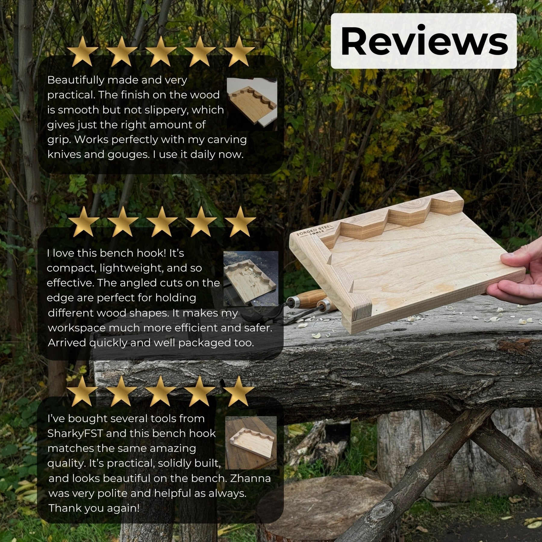 Wooden Bench Hook for Carving. Handcrafted Work Support for Wood Carving detail view by Sharky Forged Steel Tools