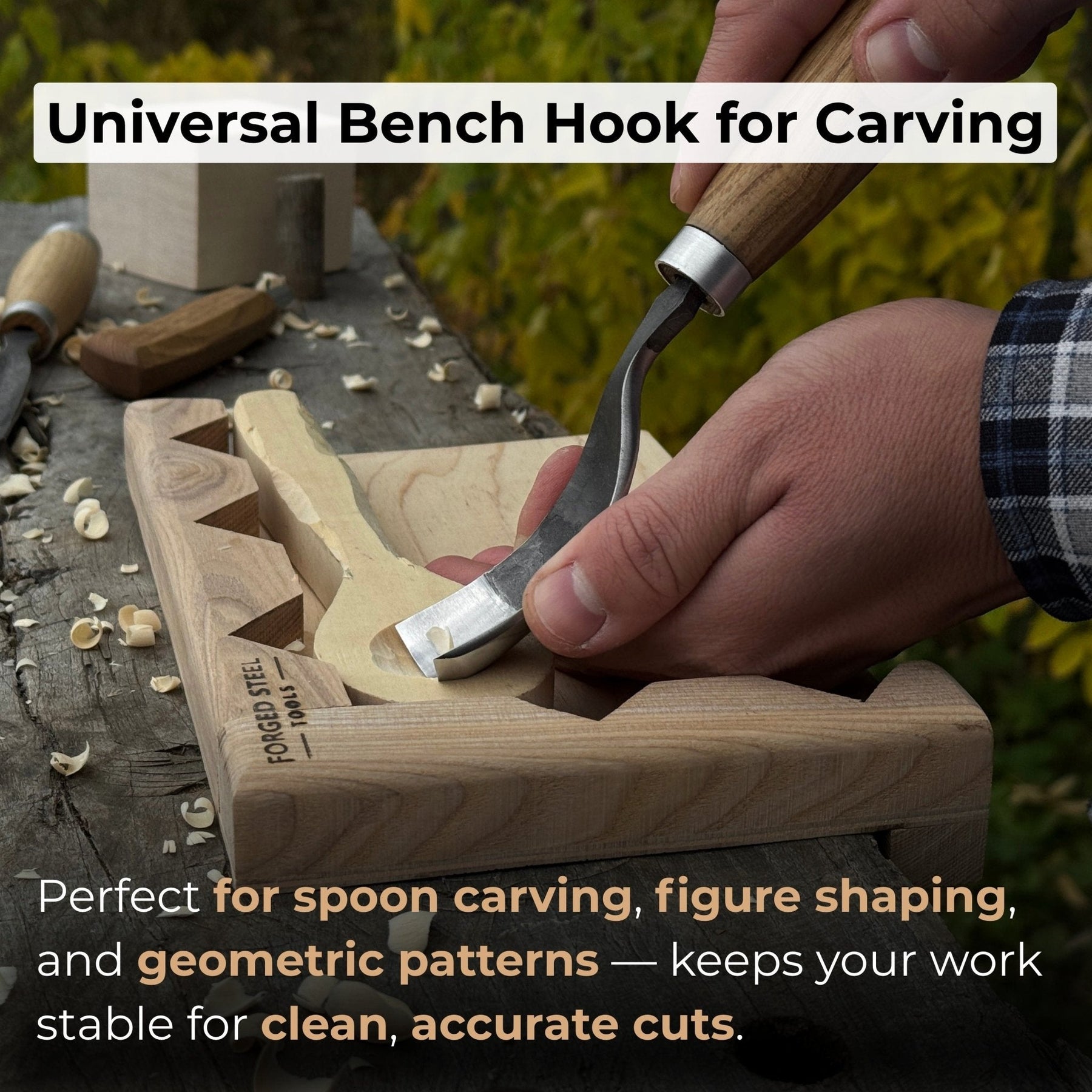 Wooden Bench Hook for Carving. Handcrafted Work Support for Wood Carving detail view by Sharky Forged Steel Tools