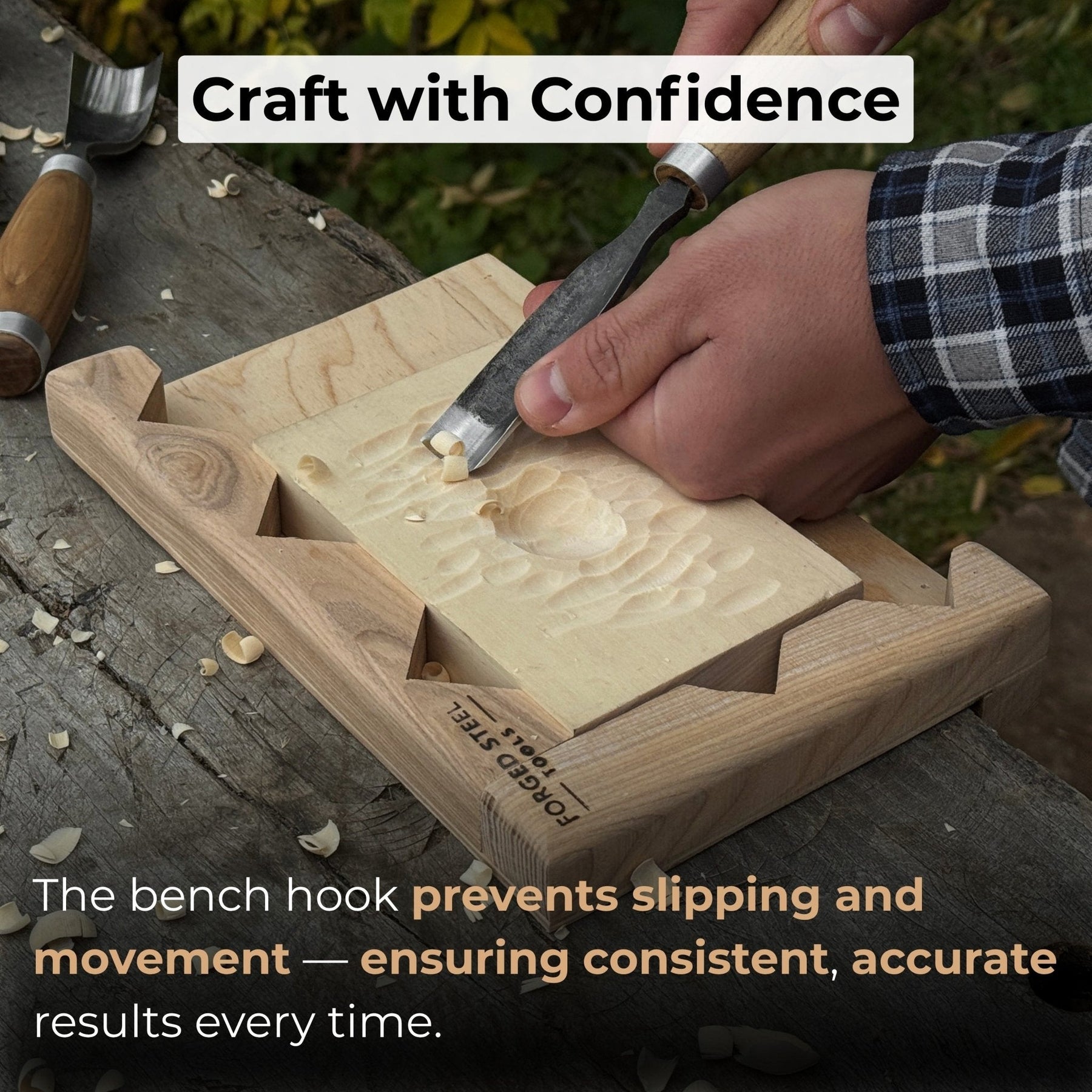 Wooden Bench Hook for Carving. Handcrafted Work Support for Wood Carving detail view by Sharky Forged Steel Tools