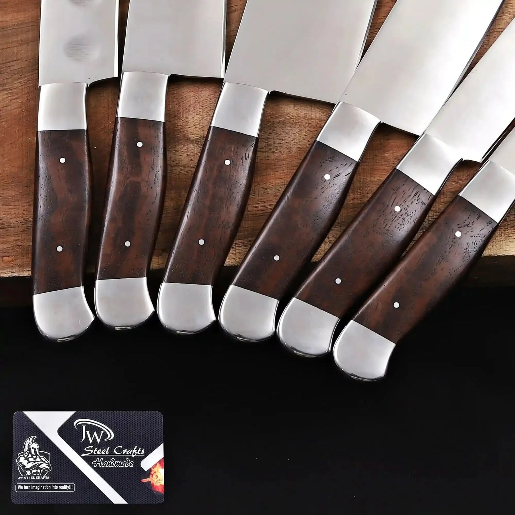 6-Piece High Carbon Steel Kitchen Knife Set with Leather Roll — Olive Wood Handles, Steel Bolsters, 7 to 12 Inc by JW SteelCrafts, Damascus knife detail photo 2