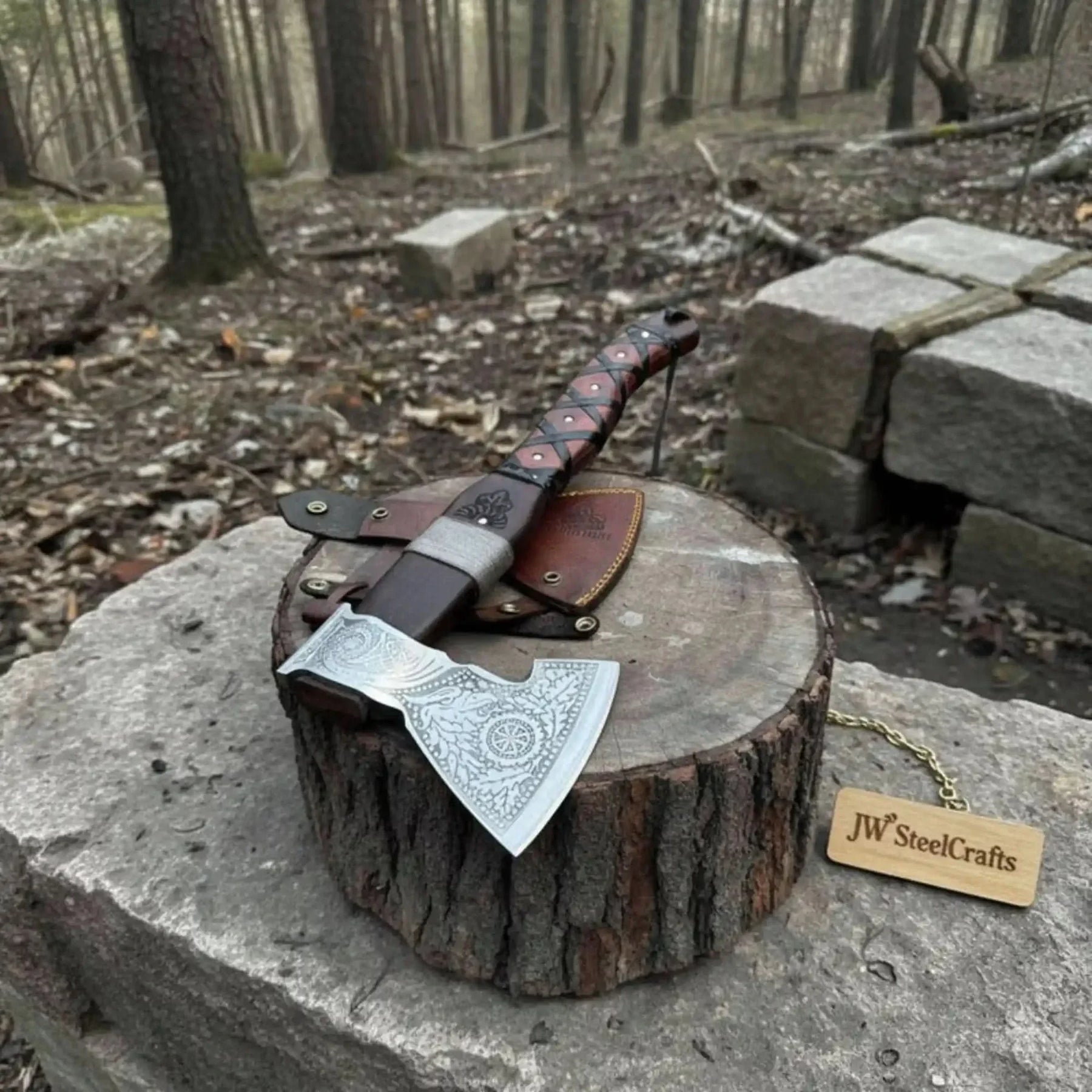 Viking Bearded Axe with Norse Engraved Blade and Leather Sheath detail view by JW SteelCrafts