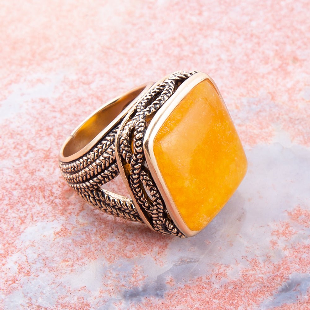 Yellow Agate and Golden Statement Ring detail view by Barse Jewelry