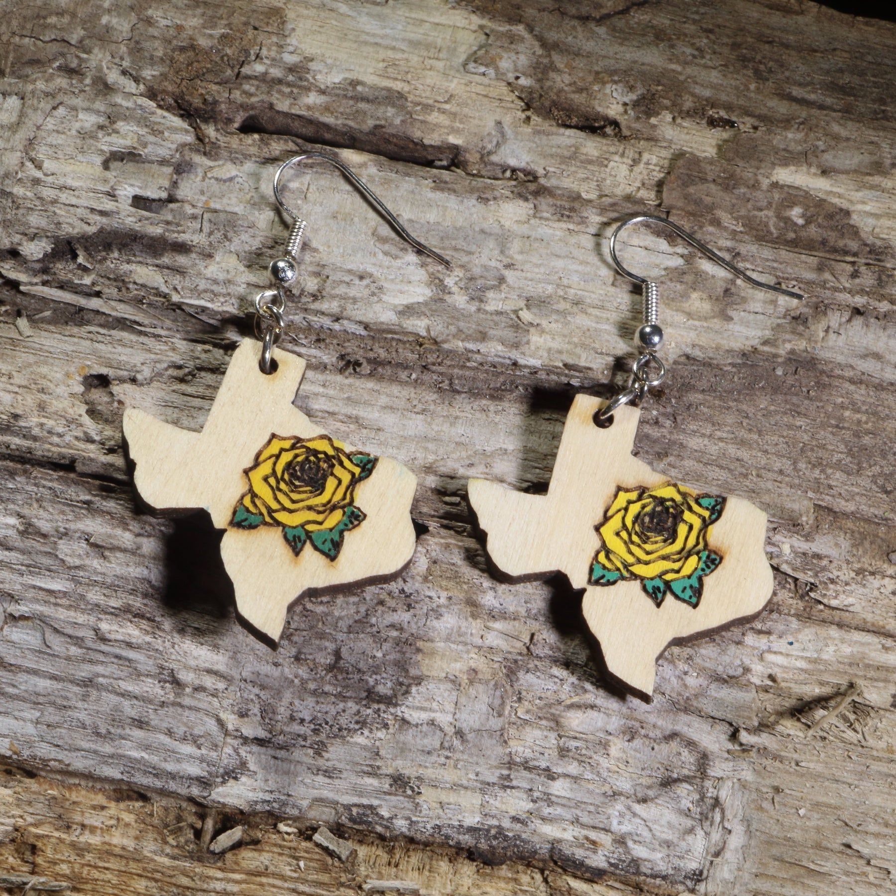 Yellow Rose of Texas Wooden Earrings | State Flower Jewelry by Cate's Concepts, LLC