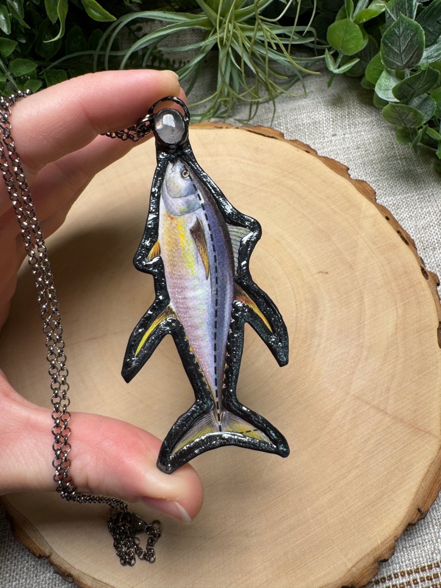 Yellowfin Tuna and Rose Quartz Necklace detail view by Copper Ashes