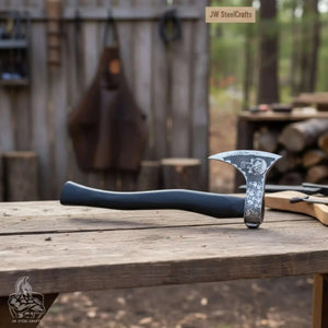 Hand-finished Bearded Axe – Detailed Etched Steel Head with Minimalist Black Handle by JW SteelCrafts, Southern lifestyle apparel detail photo 3