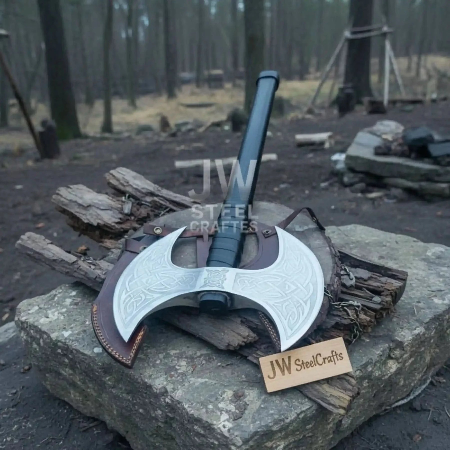 Custom Handmade Double-Headed Viking Axe with Nordic Knotwork Engravings and Cord-Wrapped Handle detail view by JW
