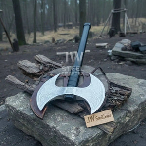 Custom Handmade Double-Headed Viking Axe with Nordic Knotwork Engravings and Cord-Wrapped Handle detail view by JW