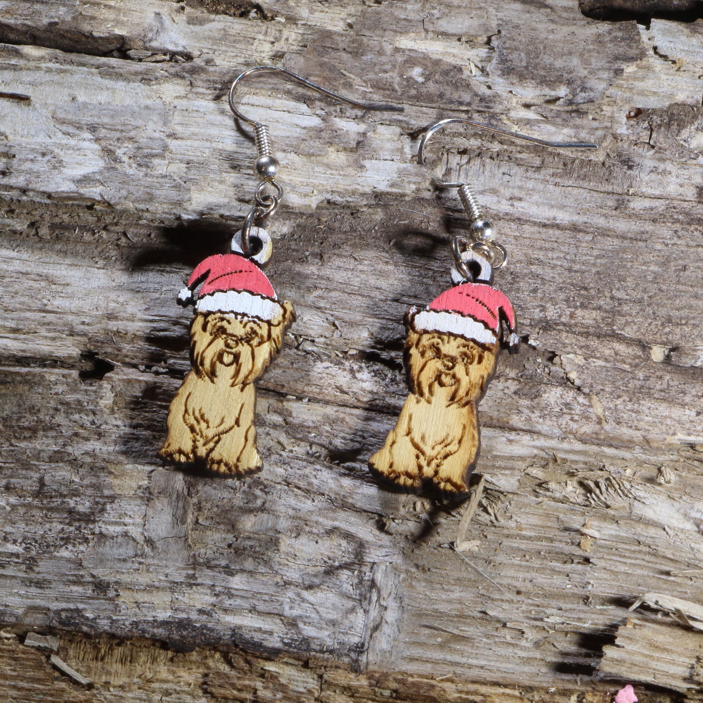 Yorkie with Santa Hat Wooden Dangle Earrings | Christmas Dog Jewelry by Cate's Concepts, LLC