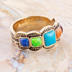 Zion Blue Turquoise Colorful Golden Ring detail view by Barse Jewelry