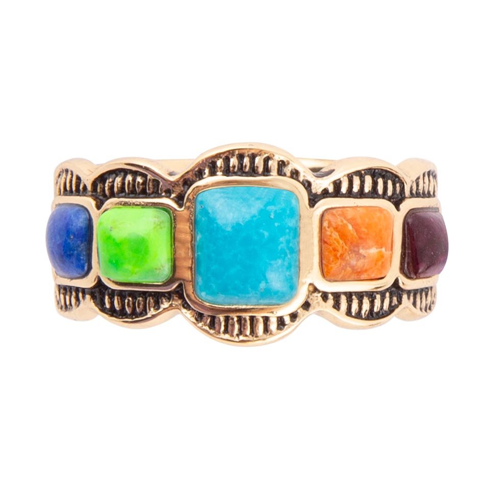 Zion Blue Turquoise Colorful Golden Ring detail view by Barse Jewelry