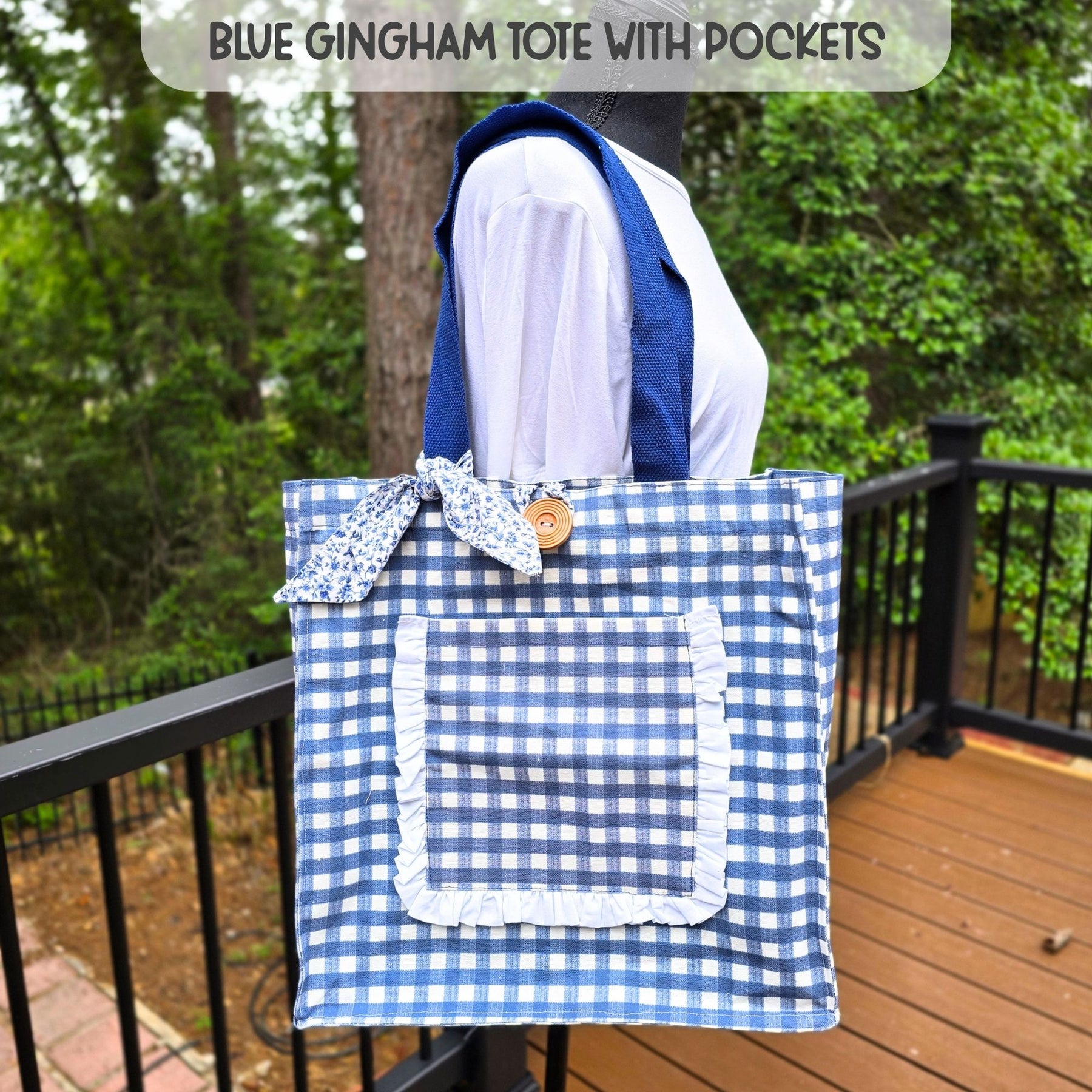 Handmade Blue Gingham Tote Bag with Pockets & Floral Lining by Maypop House Designs, handmade leather goods main product photo