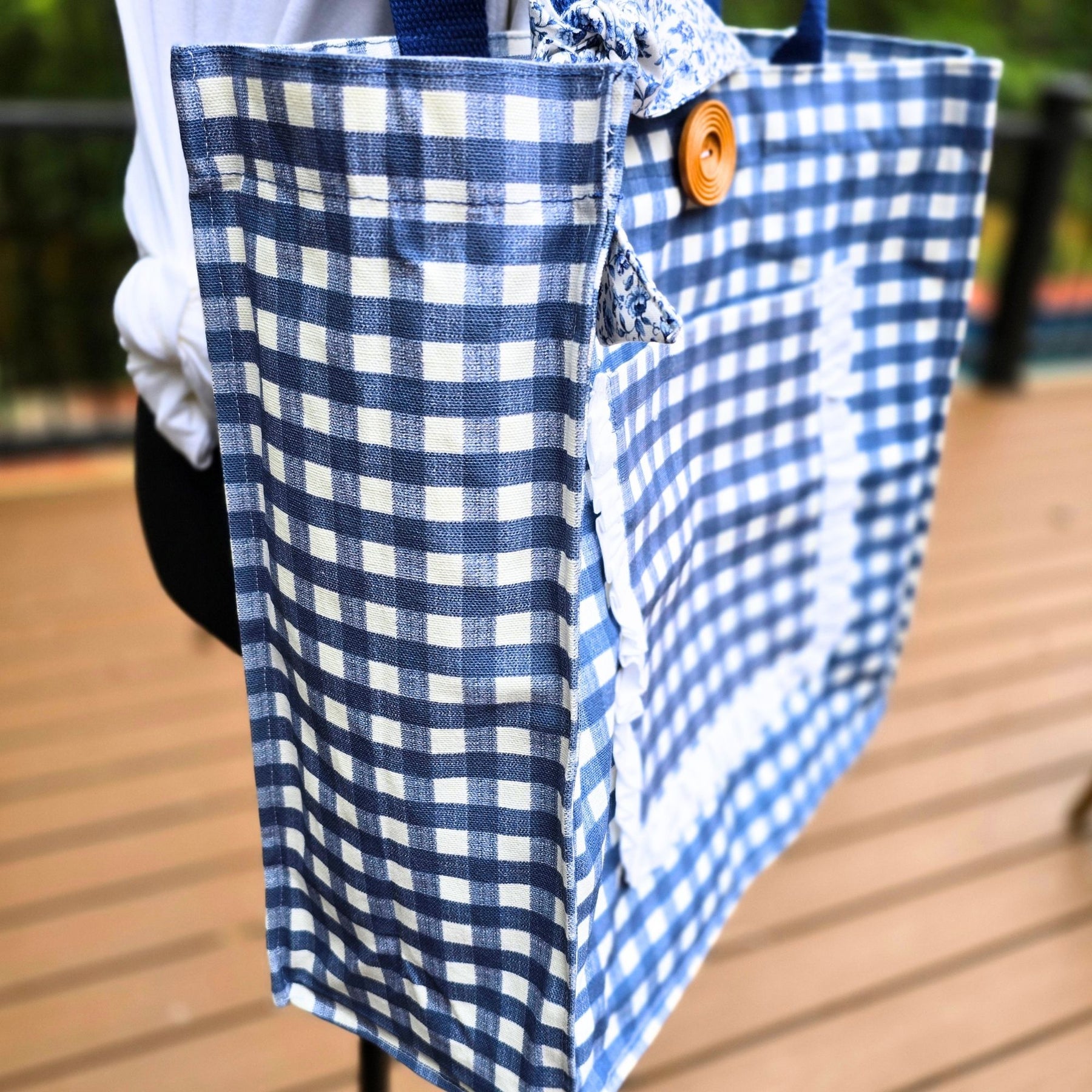 Handmade Blue Gingham Tote Bag with Pockets & Floral Lining by Maypop House Designs, handmade leather goods detail photo 6