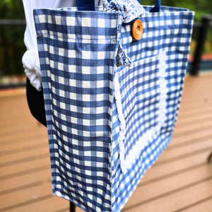 Handmade Blue Gingham Tote Bag with Pockets & Floral Lining by Maypop House Designs, handmade leather goods detail photo 6
