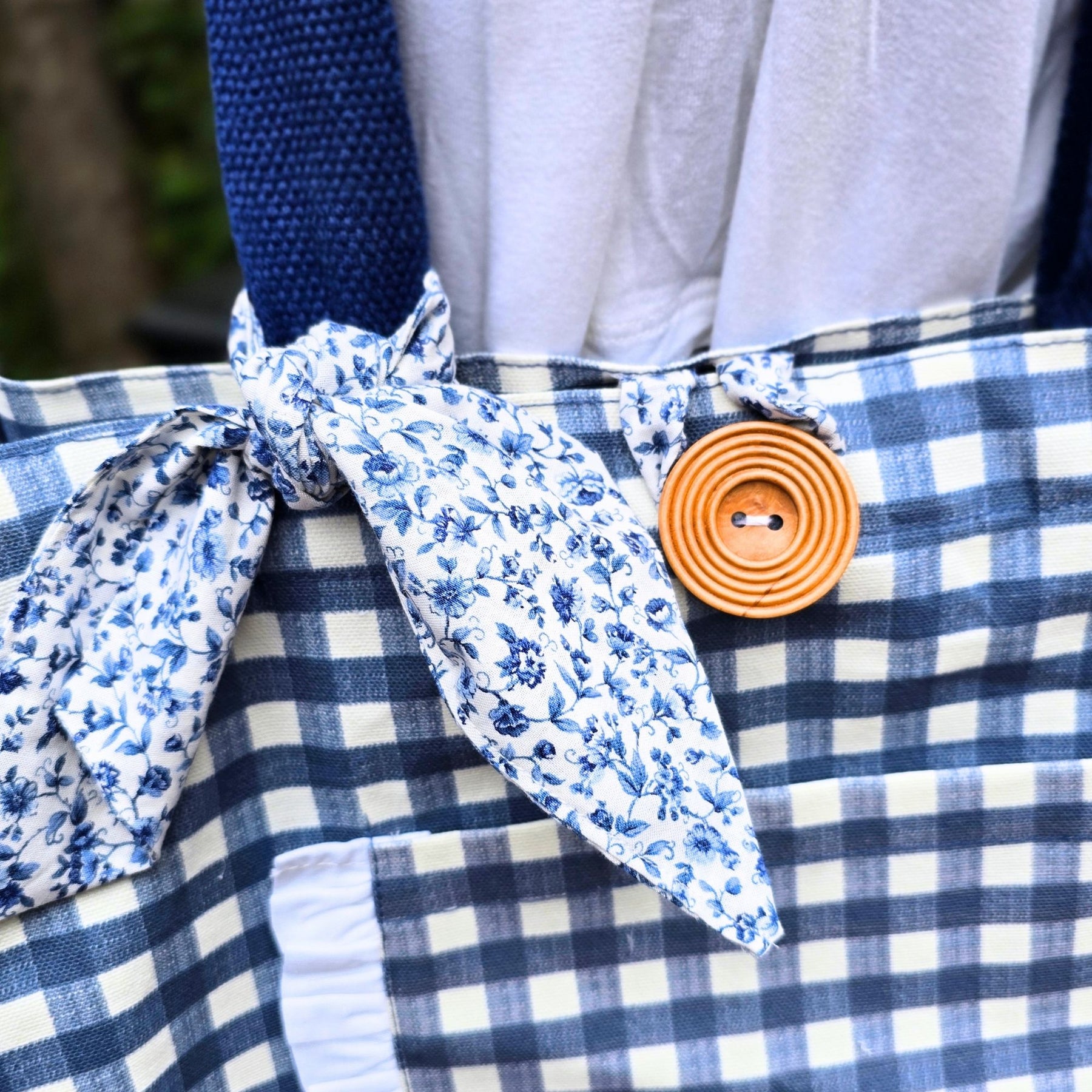 Handmade Blue Gingham Tote Bag with Pockets & Floral Lining by Maypop House Designs, handmade leather goods detail photo 8
