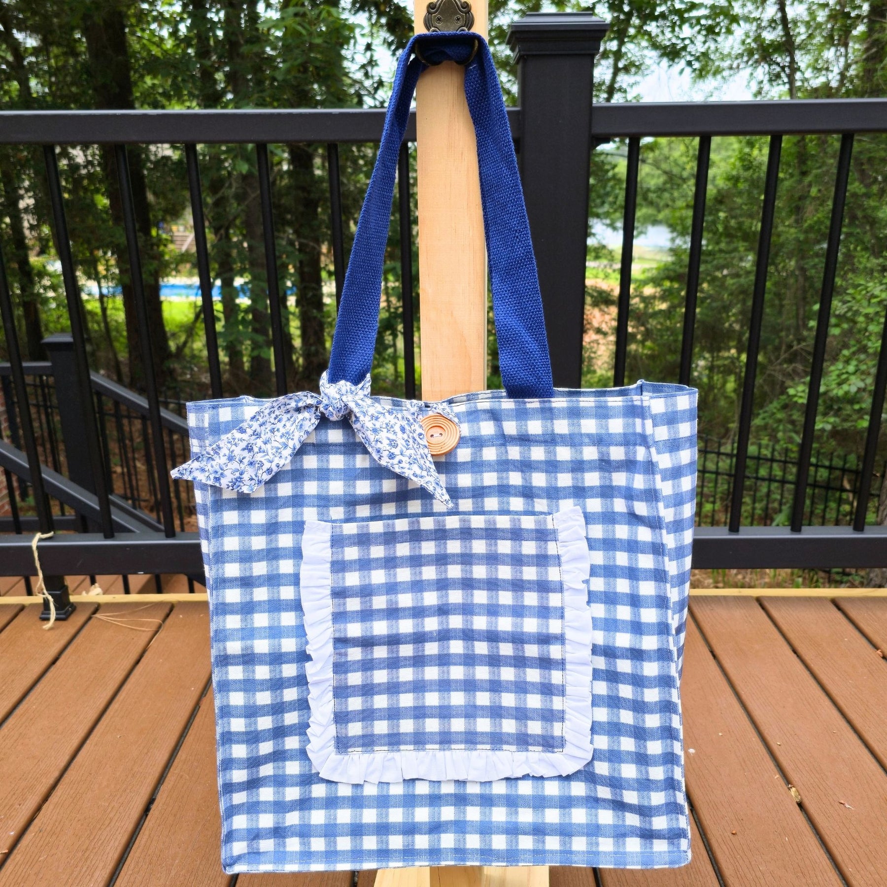 Handmade Blue Gingham Tote Bag with Pockets & Floral Lining by Maypop House Designs, handmade leather goods detail photo 4