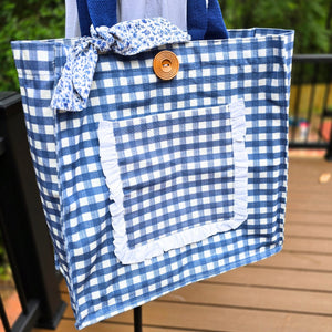 Handmade Blue Gingham Tote Bag with Pockets & Floral Lining by Maypop House Designs, handmade leather goods detail photo 5
