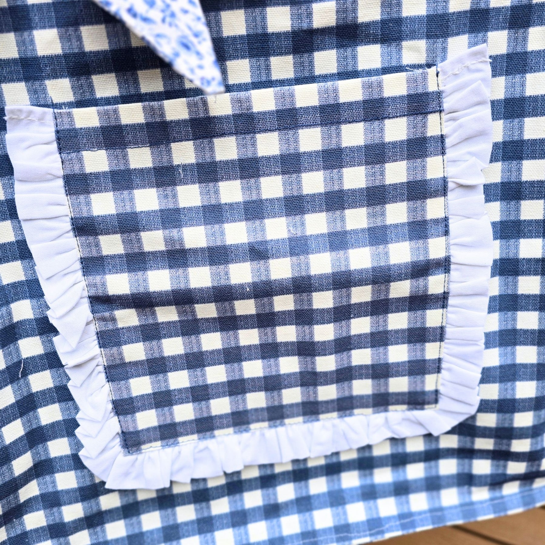 Handmade Blue Gingham Tote Bag with Pockets & Floral Lining by Maypop House Designs, handmade leather goods detail photo 7