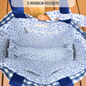 Handmade Blue Gingham Tote Bag with Pockets & Floral Lining by Maypop House Designs, handmade leather goods detail photo 3